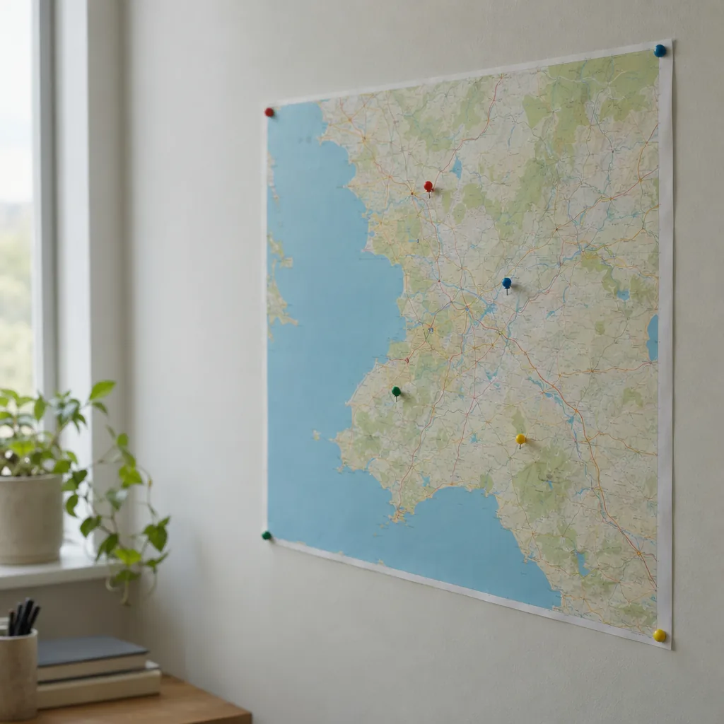 Mappa appesa alla parete di un ufficio con alcune puntine colorate che segnano i punti di consegna