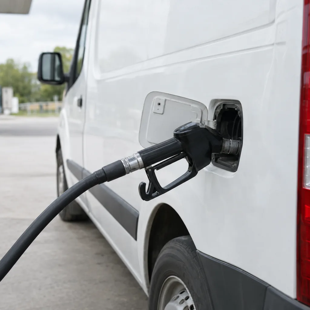 Pistola del carburante nel serbatoio di un furgone bianco a una stazione di servizio