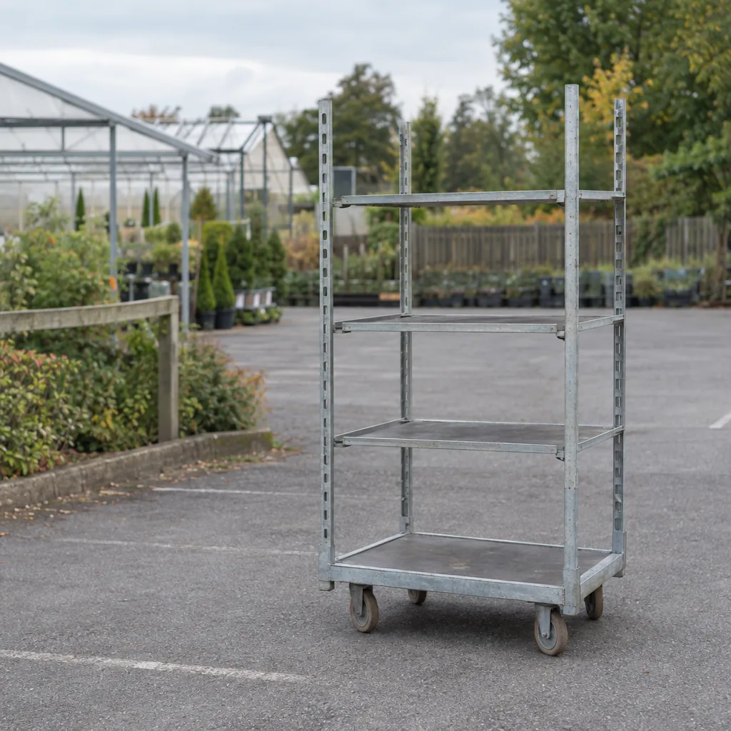 Carrello danese vuoto, da solo in fondo al parcheggio di un garden center