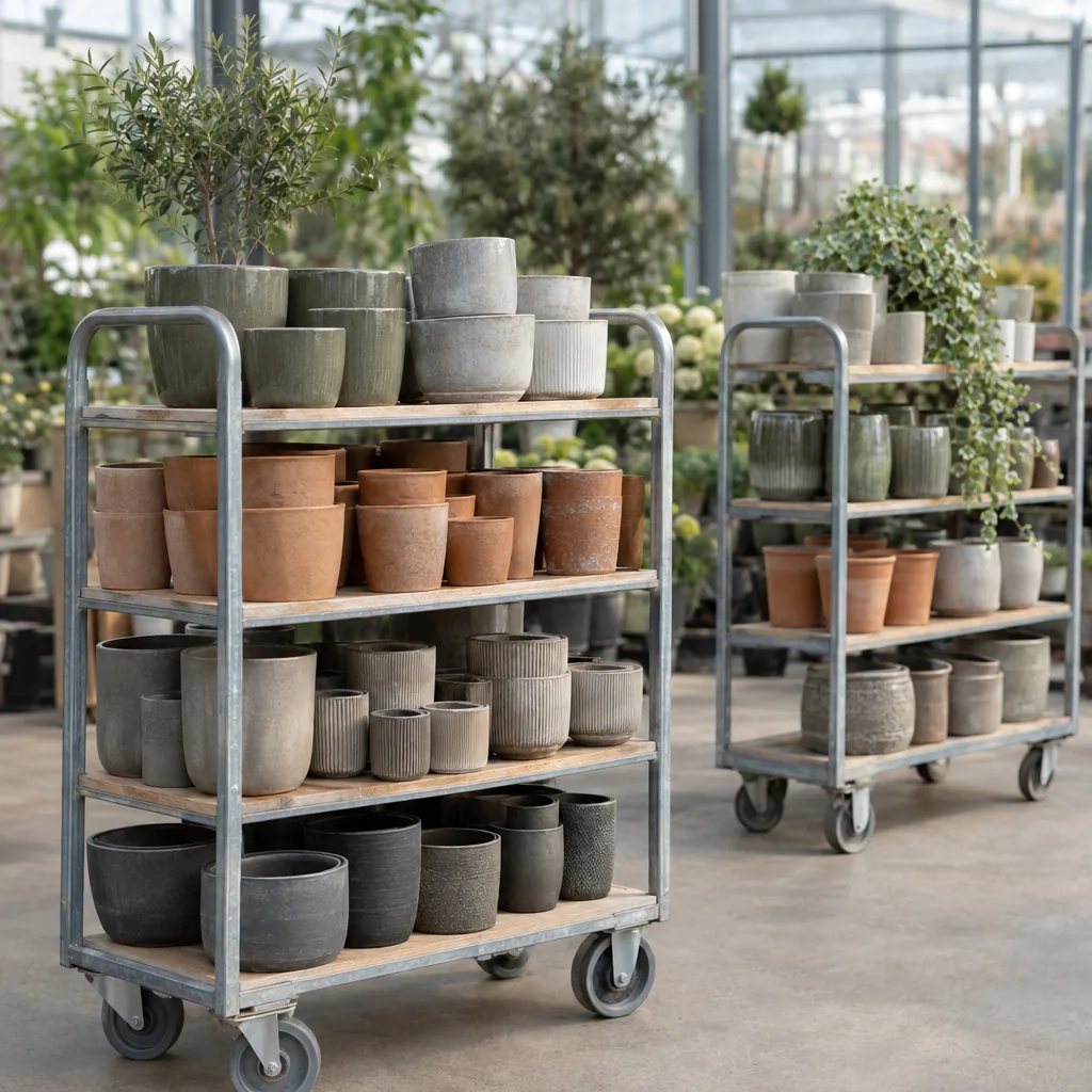 Diversi carrelli danesi usati come espositori dentro un garden center, carichi di vasi