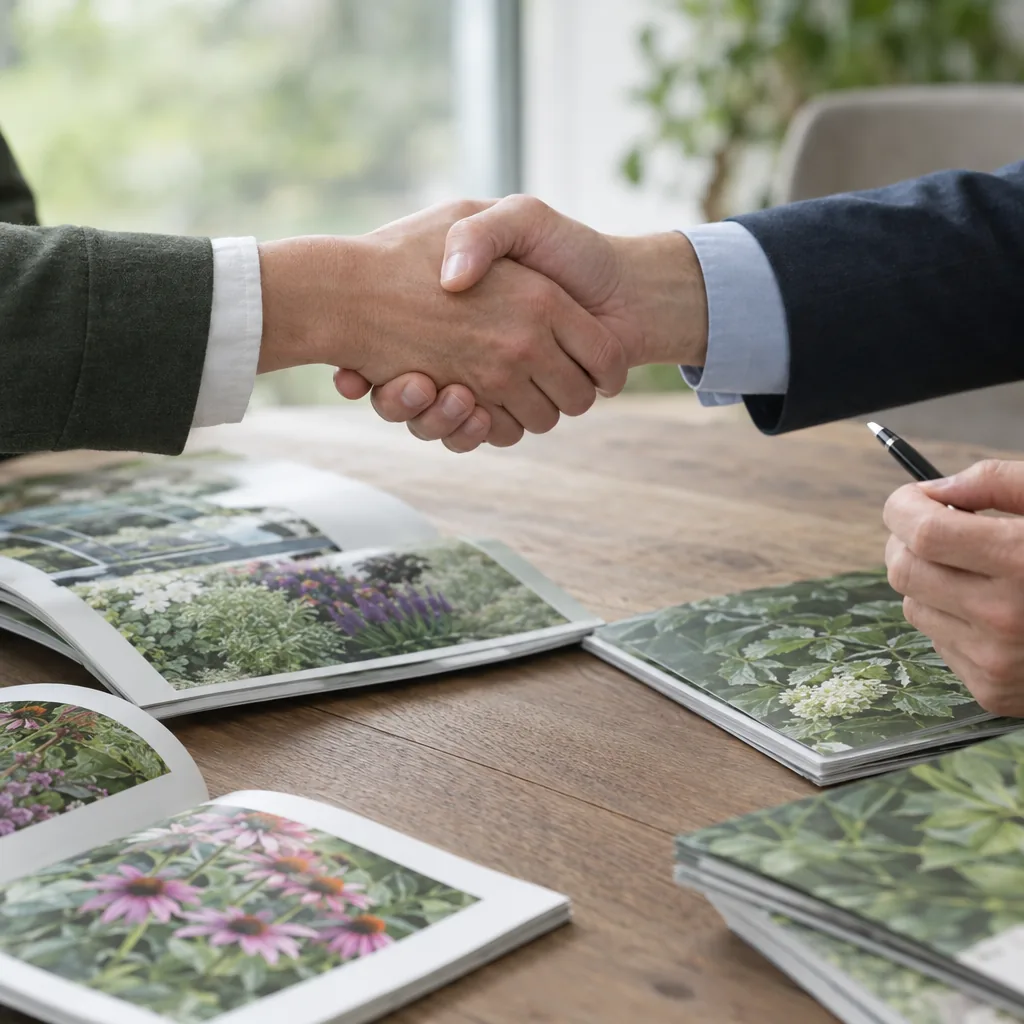 Stretta di mano sopra un tavolo con cataloghi di piante, si vedono solo mani e polsini, una mano tiene una penna