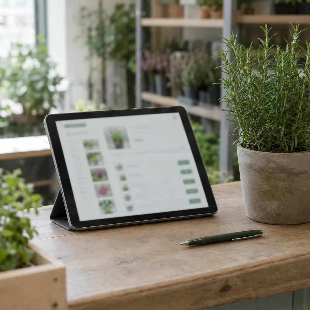 Tablet sul bancone di un vivaio con una pagina d'ordine sfocata, un rosmarino in vaso e una penna accanto
