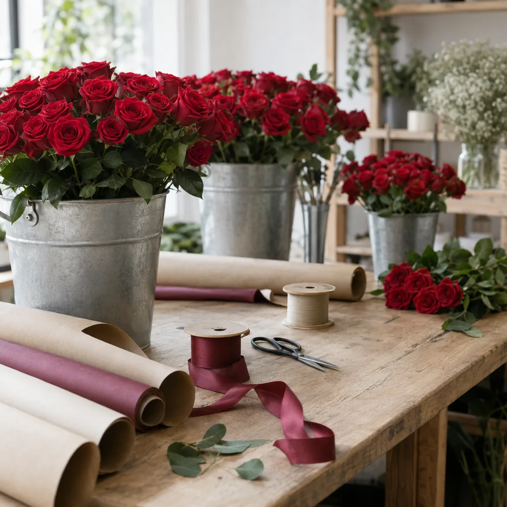 Banco di lavoro di un fiorista coperto di secchi di rose rosse, nastri e carta da regalo