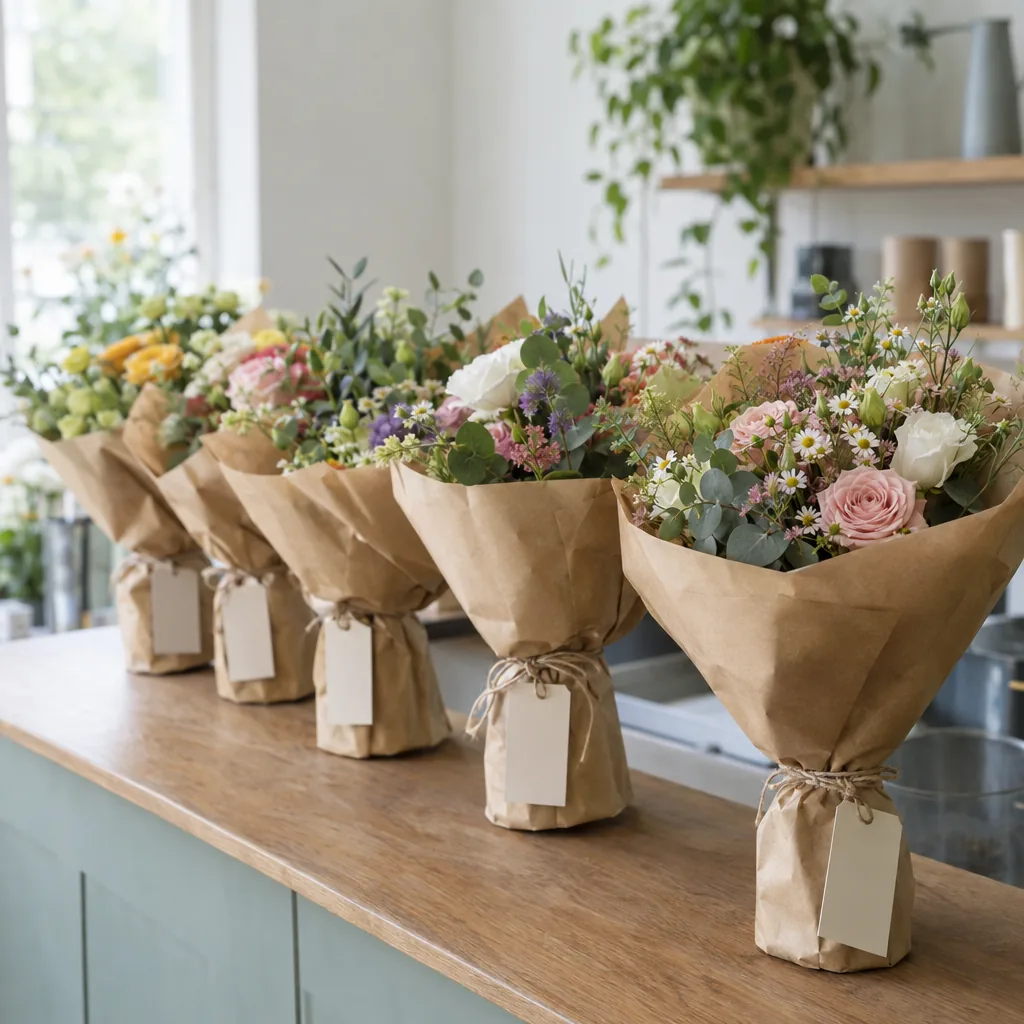 Fila di bouquet incartati e finiti allineati sul bancone di un fiorista, ciascuno con un cartellino bianco