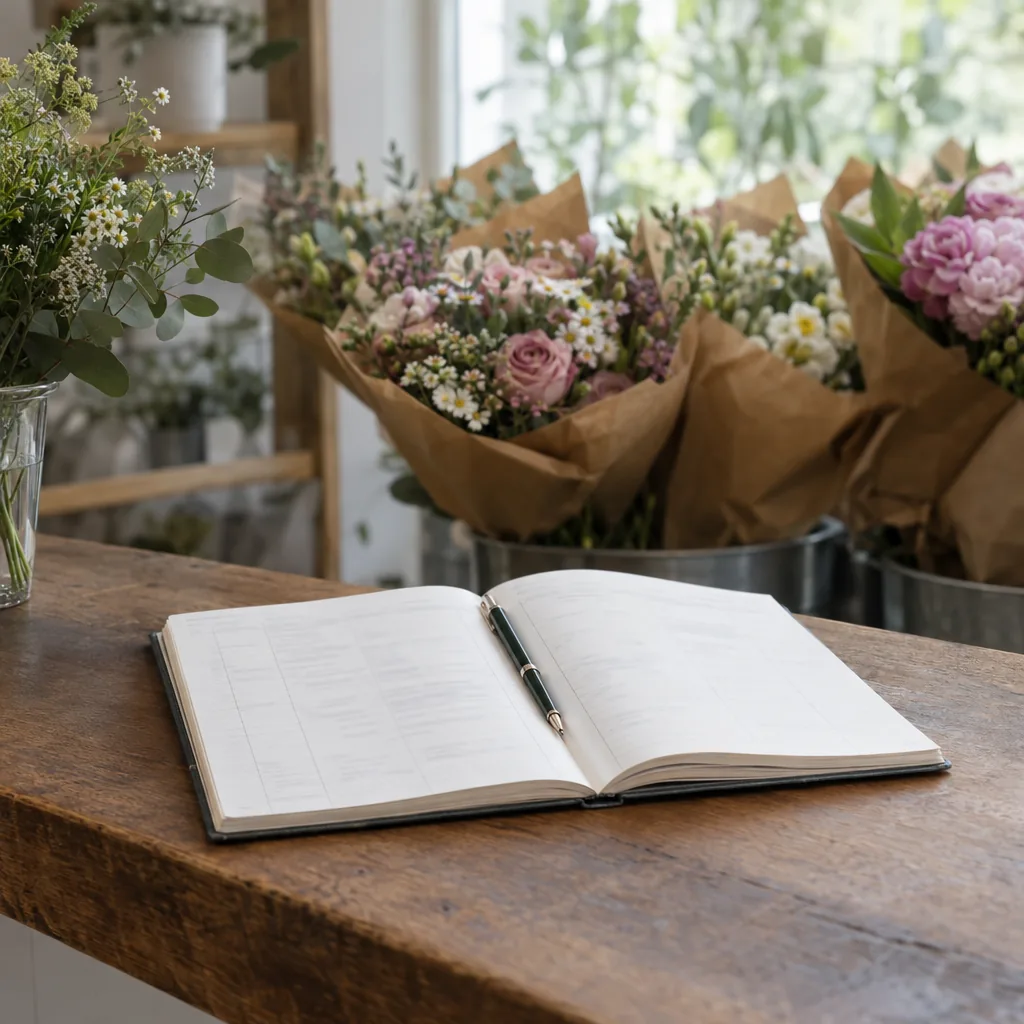 Libro ordini di un fiorista aperto sul bancone, con una penna nella piega e bouquet pronti sullo sfondo