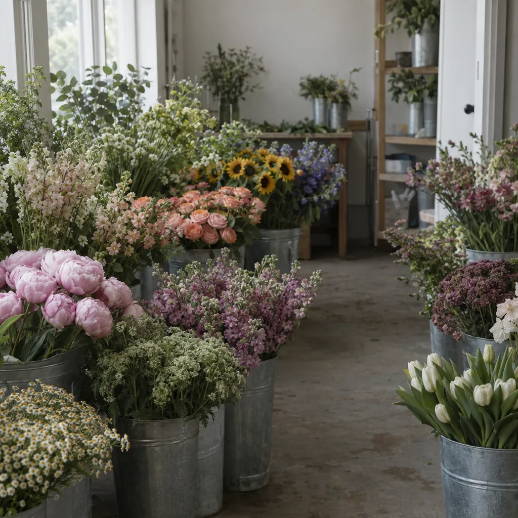 Secchi alti di fiori recisi freschi che riempiono il pavimento del retro di un piccolo negozio di fiori