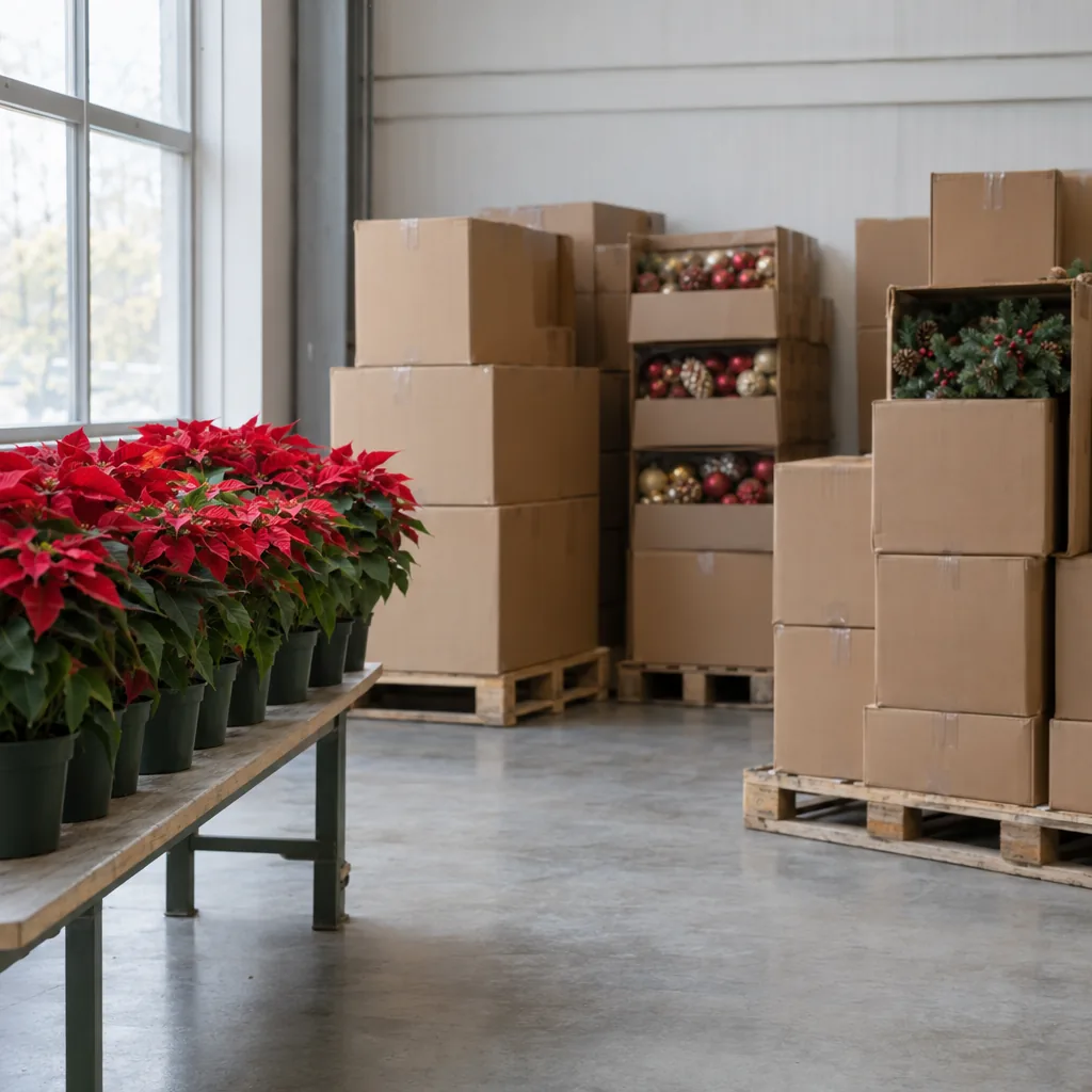 Angolo di magazzino con scatoloni di decorazioni impilati sui pallet e una fila di stelle di Natale su un bancale