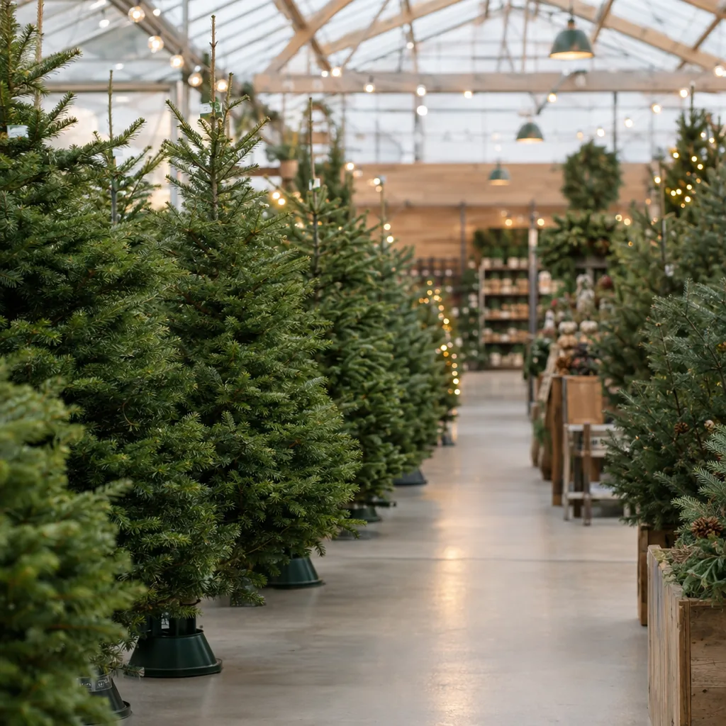 Il reparto natalizio di un garden center prima dell'apertura, con file di alberi sui supporti e luci calde e soffuse