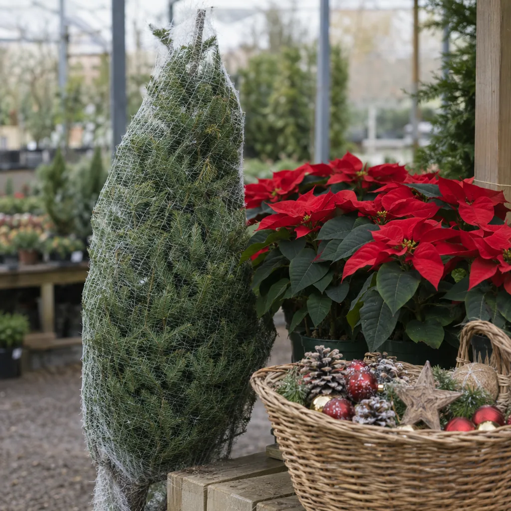 Esposizione in un garden center con un albero di Natale nella rete, stelle di Natale rosse e un cesto di decorazioni