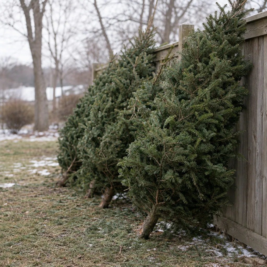 Alberi di Natale invenduti appoggiati a una recinzione in un cortile a fine inverno, con gli aghi che cadono