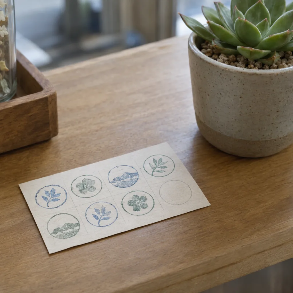 Tessera a timbri di carta con diversi timbri a inchiostro, su un bancone accanto a una piccola succulenta in vaso