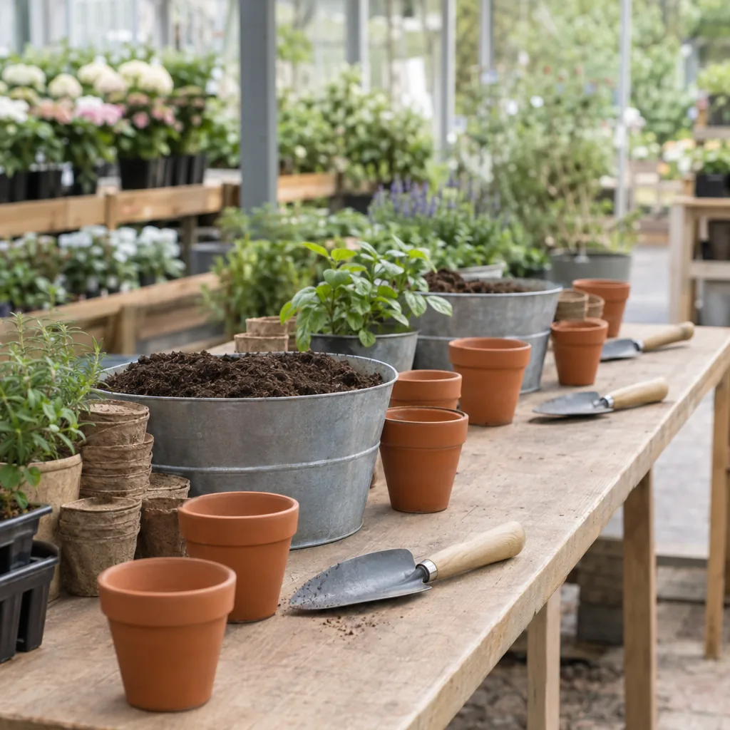Tavolo da laboratorio in un garden center con vasetti, terriccio e palette disposti per un corso