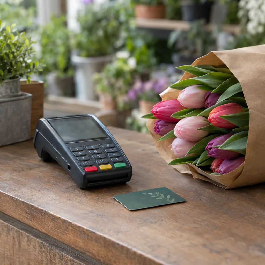 Terminale per carte e una tessera fedeltà sul bancone di un garden center, accanto un mazzo di tulipani nella carta