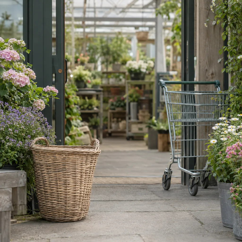 Ingresso di un garden center con un cesto di vimini e un carrello in attesa, piante in fiore ai due lati