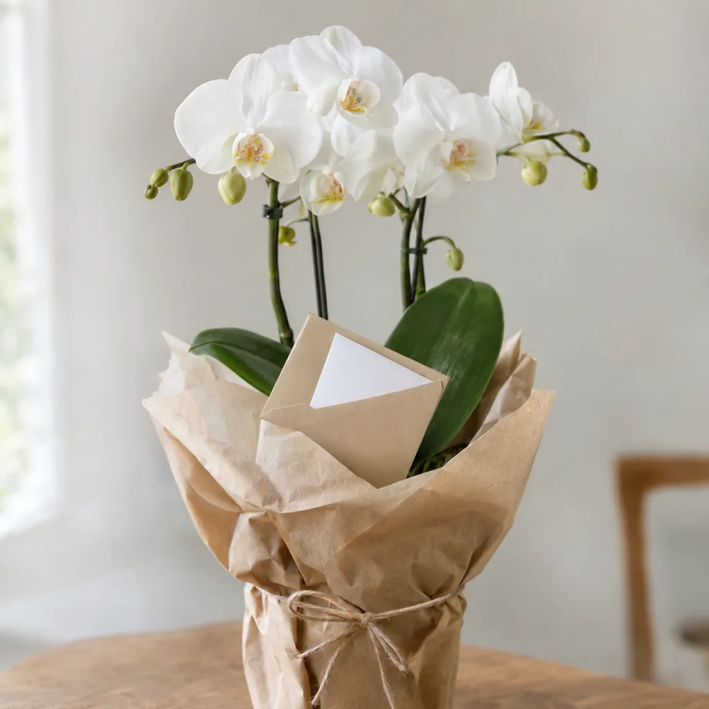 Buono regalo in una piccola busta infilato in un'orchidea in vaso avvolta nella carta