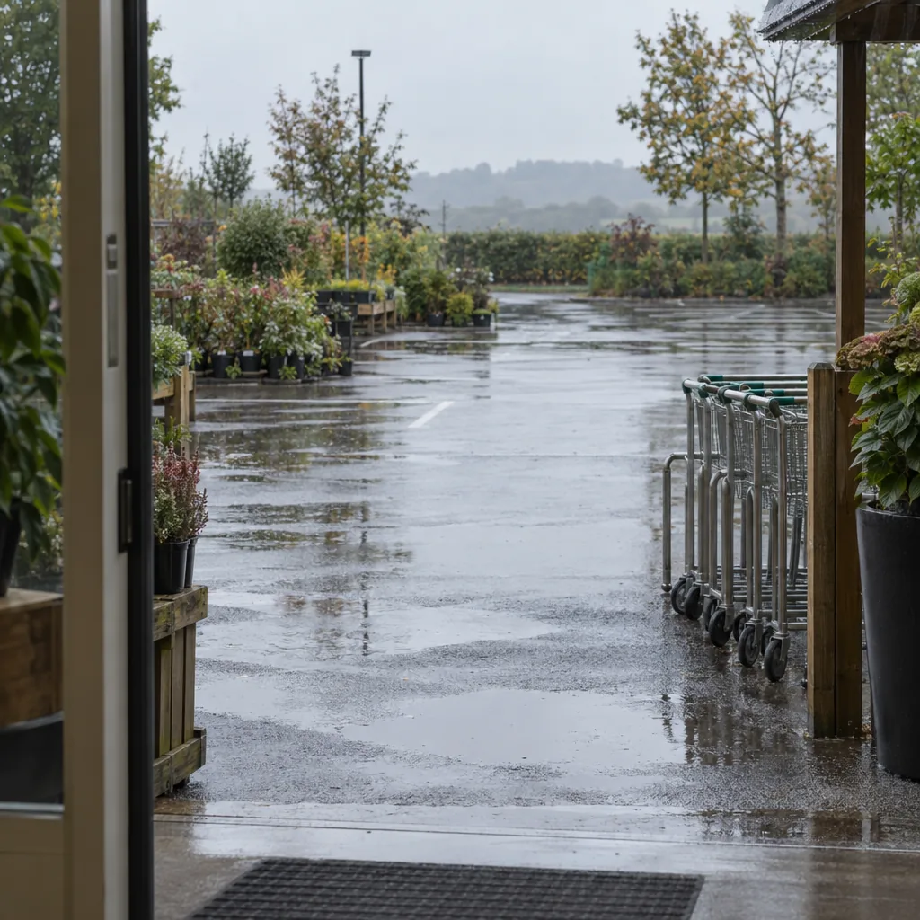 Parcheggio di un garden center sotto la pioggia visto dalla porta del negozio, pozzanghere sull'asfalto e qualche carrello parcheggiato