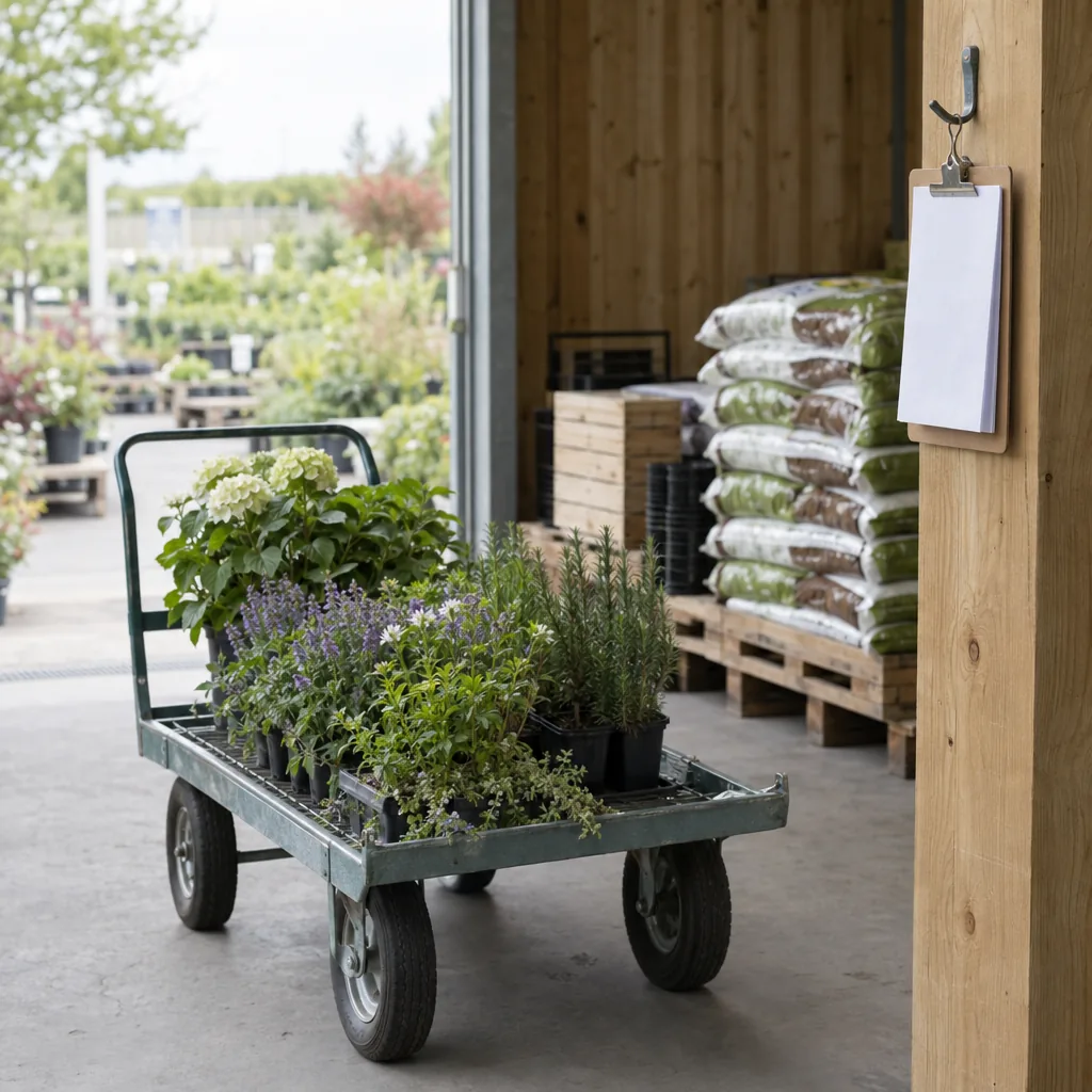 Baia di ricevimento merci di un garden center con un carrello di piante e una cartellina appesa a un gancio