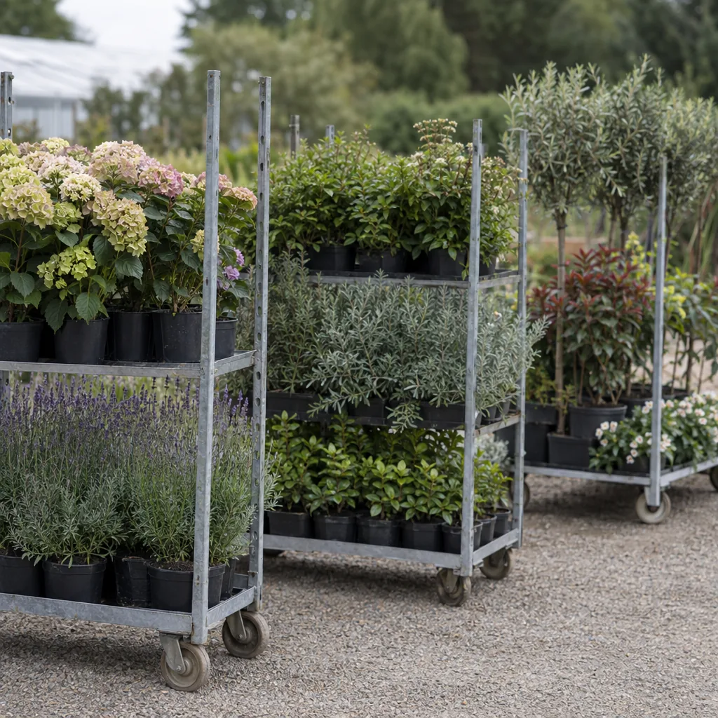 Diversi carrelli danesi di produttori diversi parcheggiati nel piazzale di un garden center, ciascuno con piante diverse