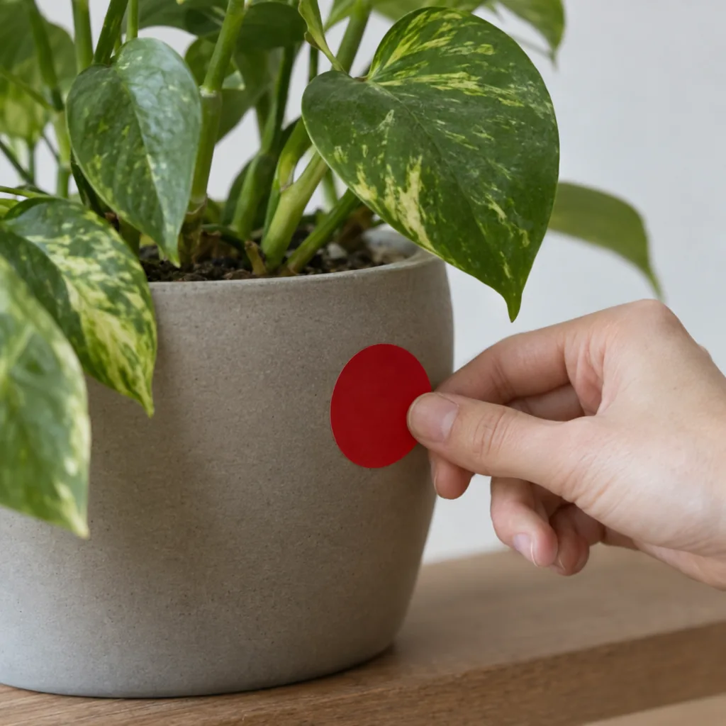 Primo piano di una mano che applica un'etichetta rossa di sconto, vuota, su una pianta in vaso