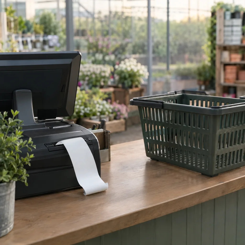 La cassa di un garden center a fine giornata, con il rotolo degli scontrini che si arriccia e un cestino vuoto sul banco
