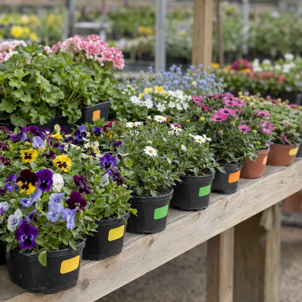 Banco delle occasioni con piante da aiuola scontate in un garden center, con etichette di prezzo colorate e vuote sui vasi