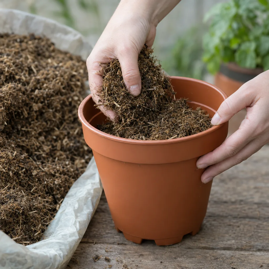 Primo piano di mani che riempiono un vaso di plastica riciclata color terracotta con substrato leggero e fibroso senza torba