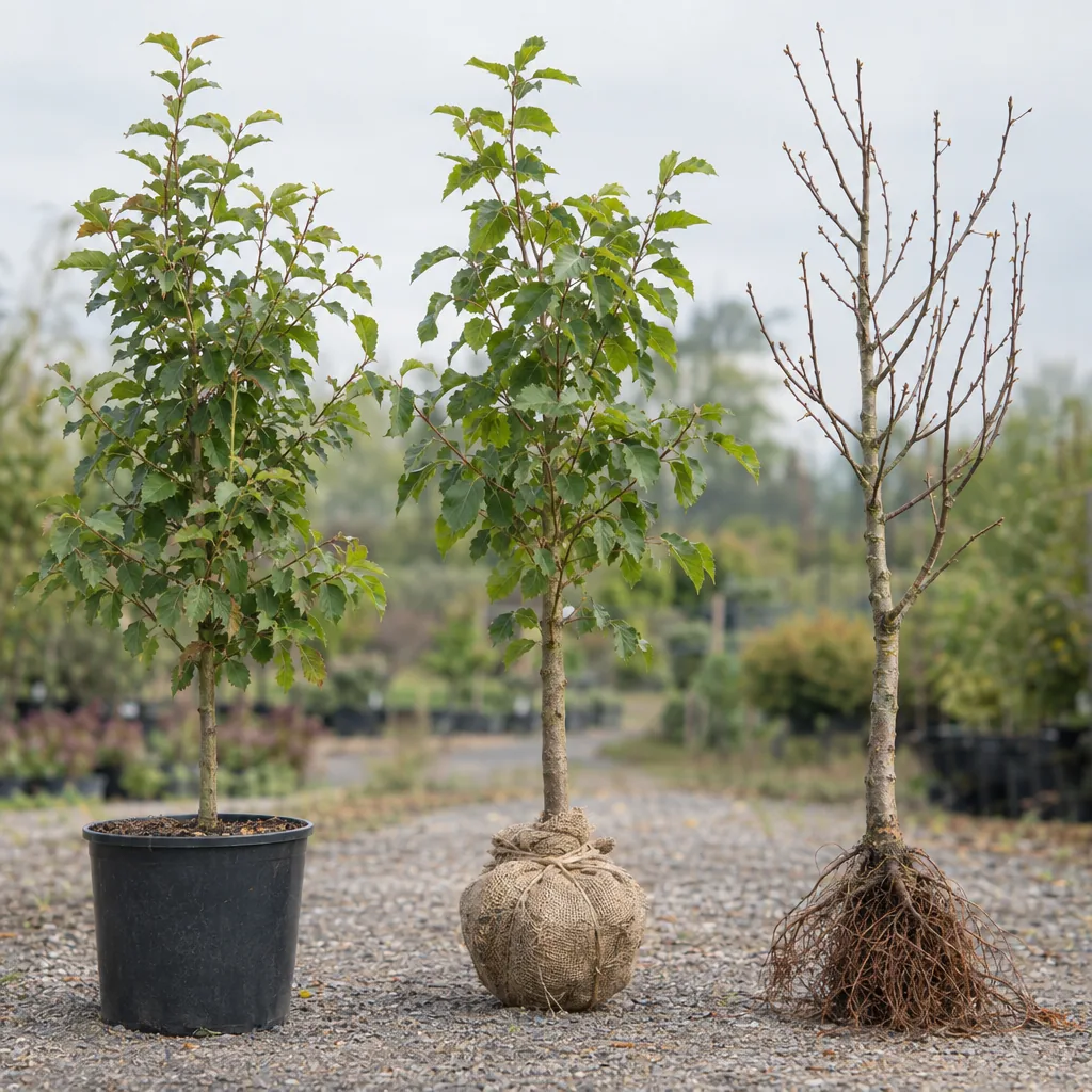 Tre alberi uno accanto all'altro in un vivaio