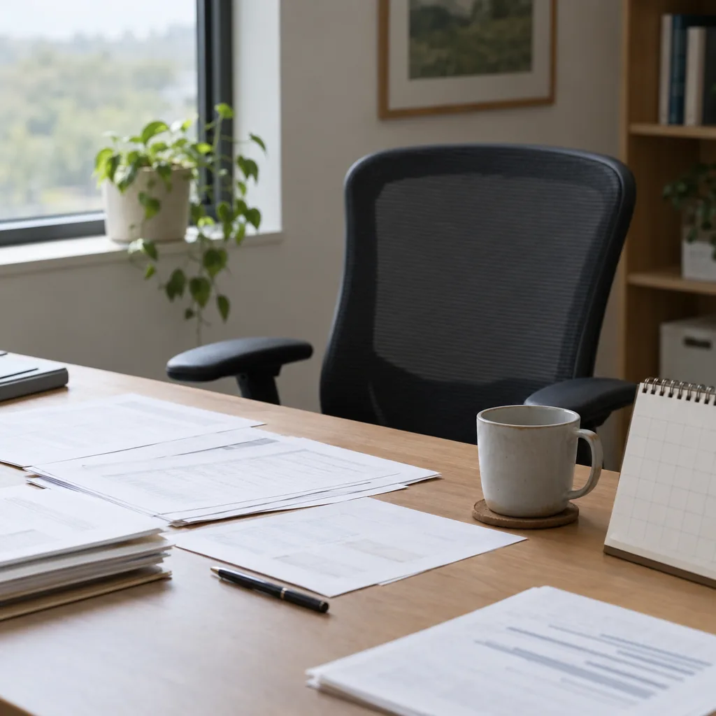 Una sedia da ufficio vuota davanti a una scrivania coperta di preventivi e con un calendario da tavolo, una tazza di caffè ormai fredda