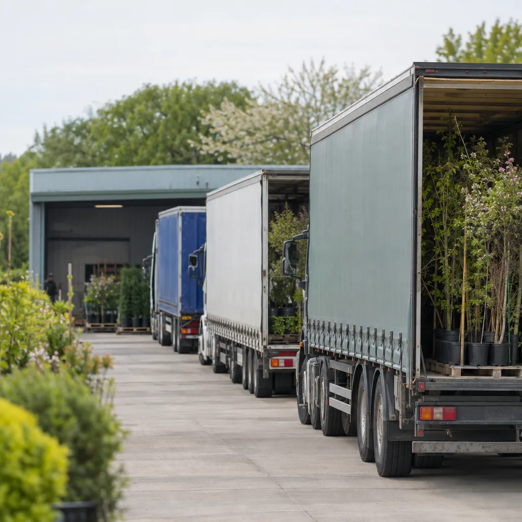 Diversi camion in coda davanti all'unica baia di carico di un vivaio in primavera