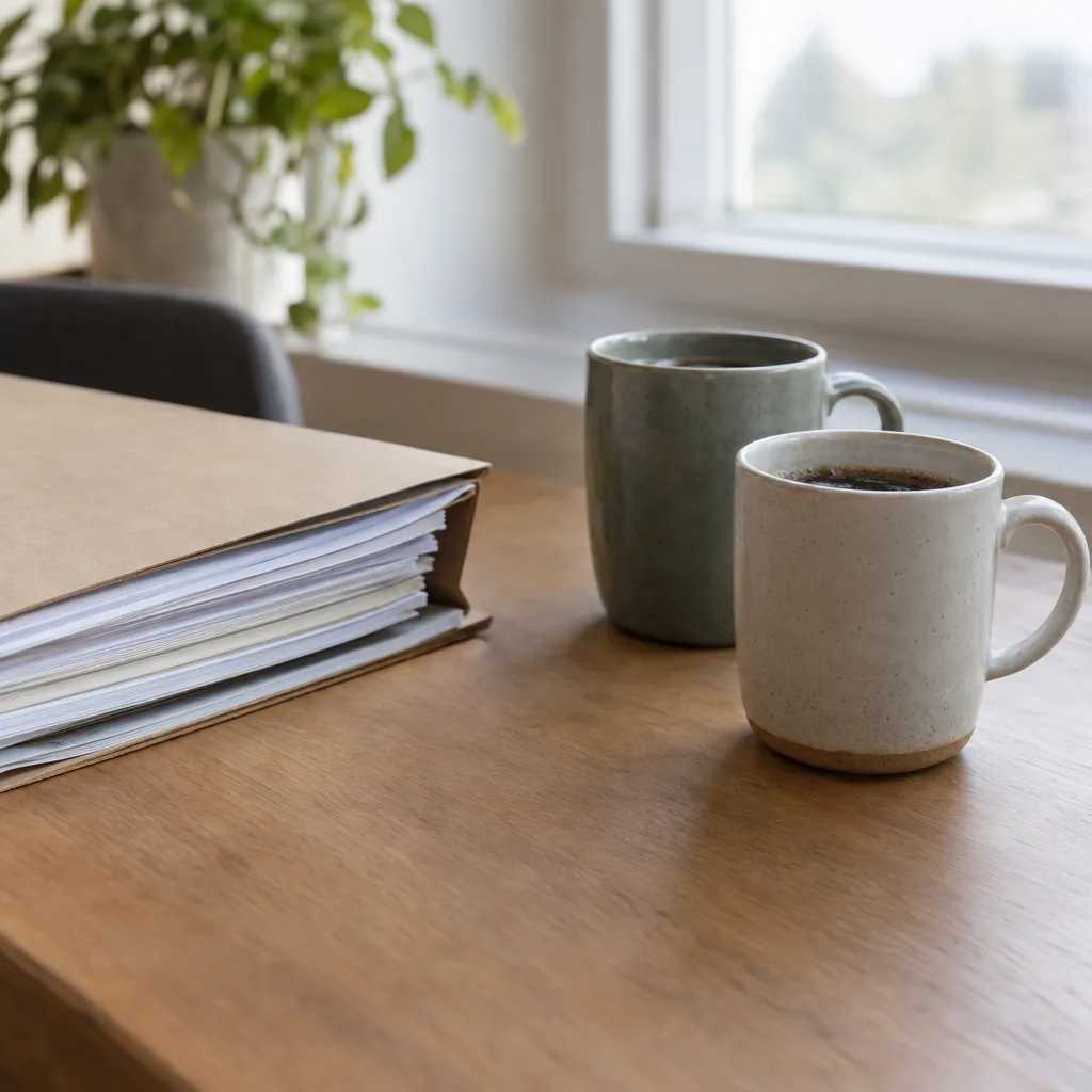 Due tazze di caffè su una scrivania accanto a una spessa cartella di appunti