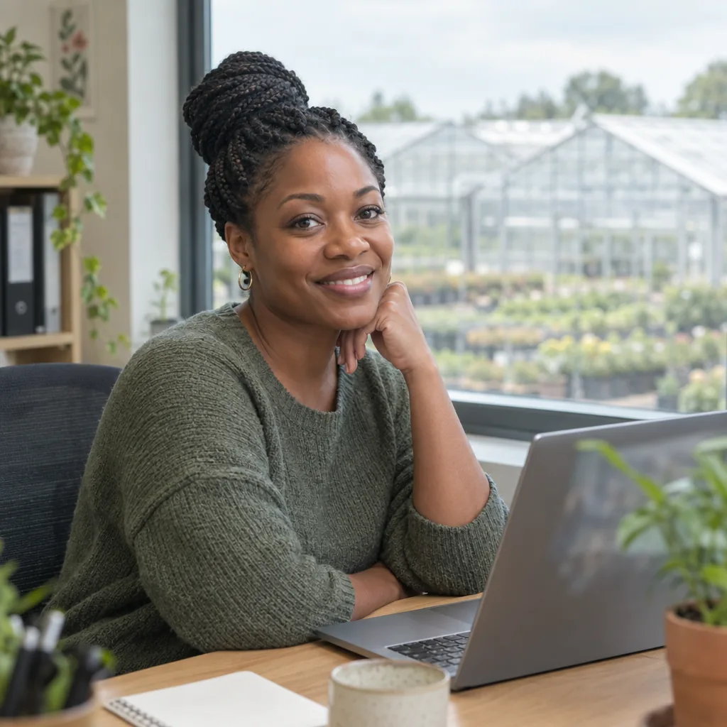 Donna di origine africana sulla trentina alla scrivania di un ufficio di vivaio, con un portatile dallo schermo sfocato, rilassata e sorridente, con serre alle spalle dalla finestra