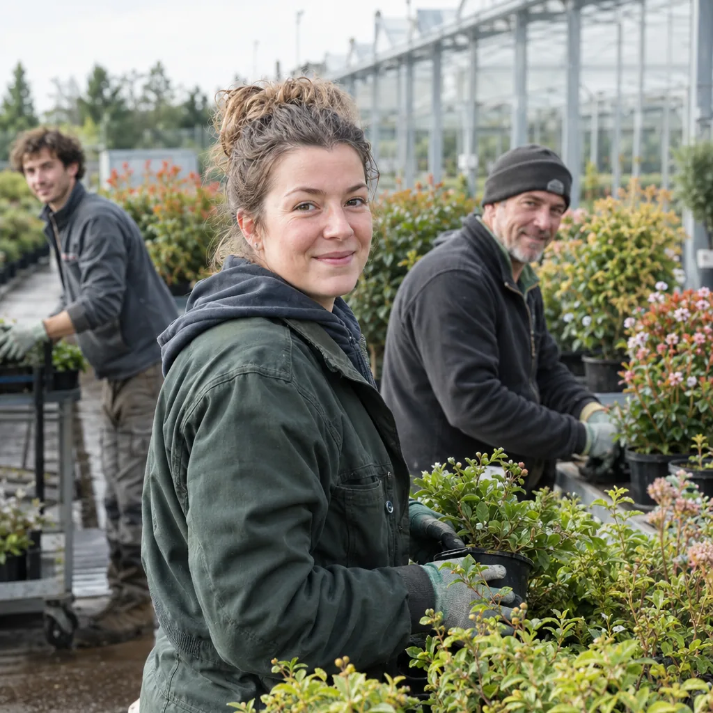 Personale del vivaio al lavoro tra gli arbusti in serra