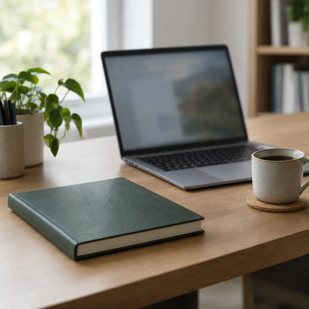 Scrivania ordinata con un solo registro chiuso, un portatile con lo schermo sfocato e una tazza di caffè