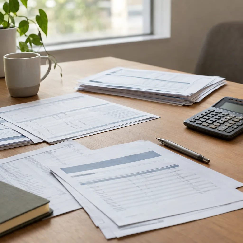Scrivania coperta di estratti conto, fatture e una calcolatrice alla fine del mese