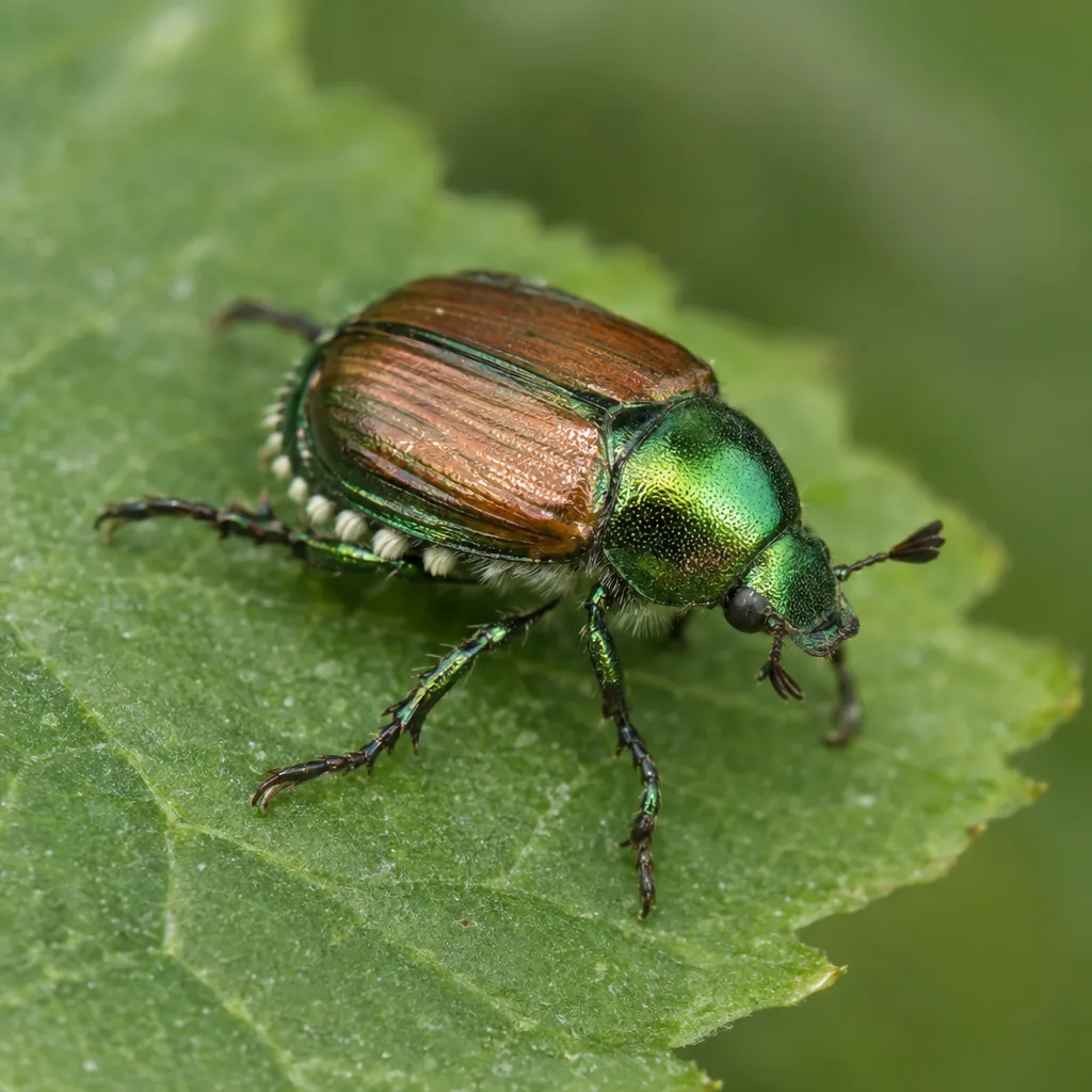 Scarabeo giapponese verde metallico su una foglia, fotografia macro