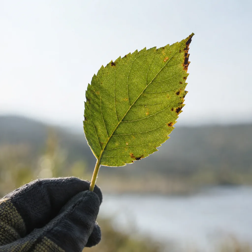 Foglia con piccole bruciature sul bordo, sollevata controluce da una mano con il guanto