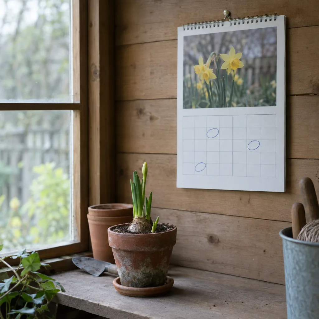 Calendario a muro in un capanno degli attrezzi con alcuni giorni cerchiati a penna e, sullo scaffale sotto, un bulbo di narciso in vaso che sta germogliando