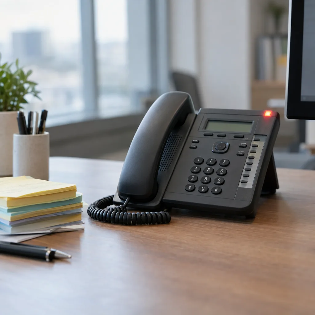 Telefono da scrivania con la spia lampeggiante su una scrivania piena di lavoro, accanto a una pila di appunti
