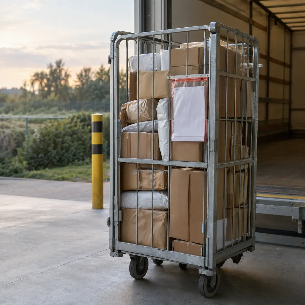 Carrello carico in una baia di carico con la busta porta documento di trasporto, nella luce calma del tardo pomeriggio