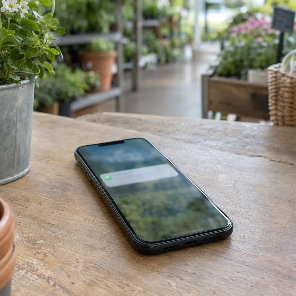 Smartphone appoggiato a faccia in su sul banco di un garden center, con una notifica di messaggio sfocata