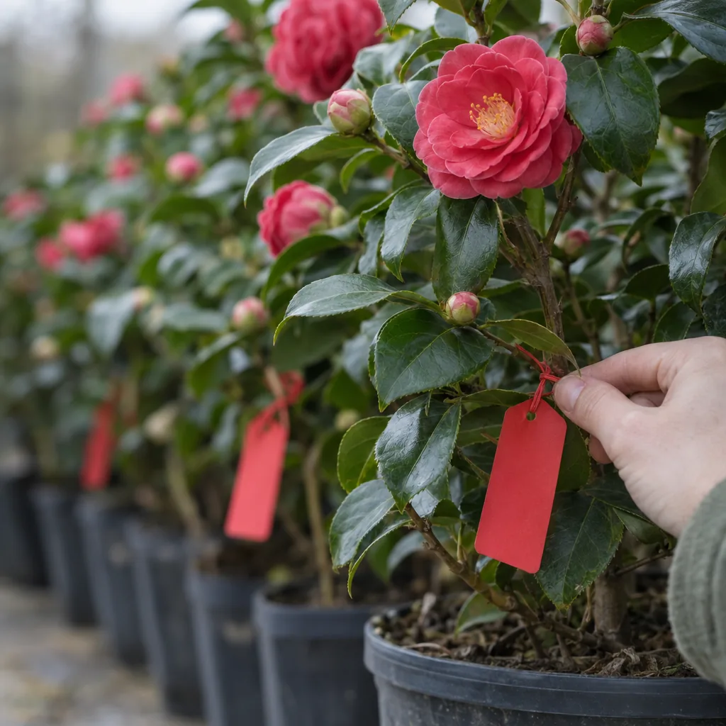 Primo piano di una mano che lega un cartellino di prenotazione rosso e vuoto a una camelia in vaso, in una fila di camelie identiche