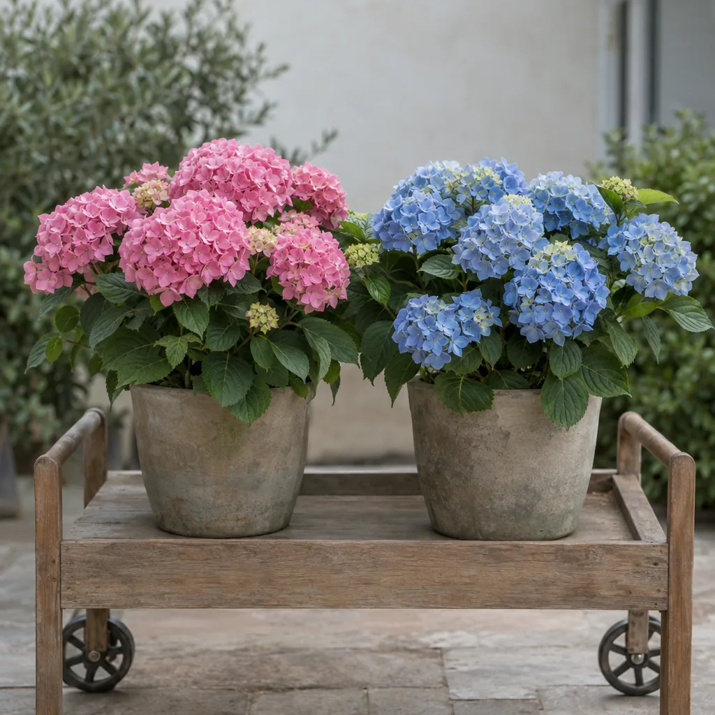 Due ortensie in vaso affiancate su un carrello, una rosa e una blu, della stessa misura