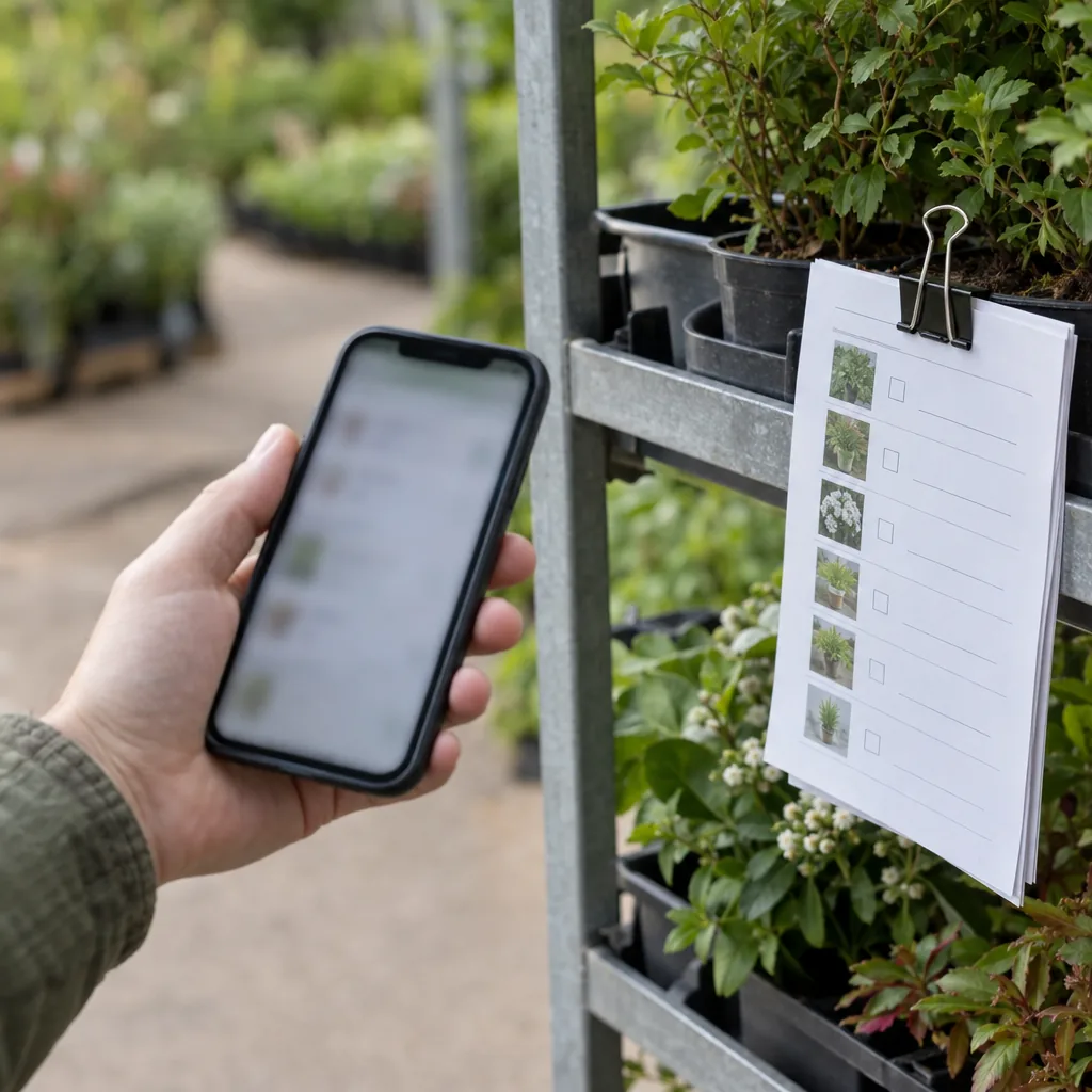 Primo piano di una mano con uno smartphone accanto a un carrello di piante, schermo sfocato, lista di prelievo fissata al carrello