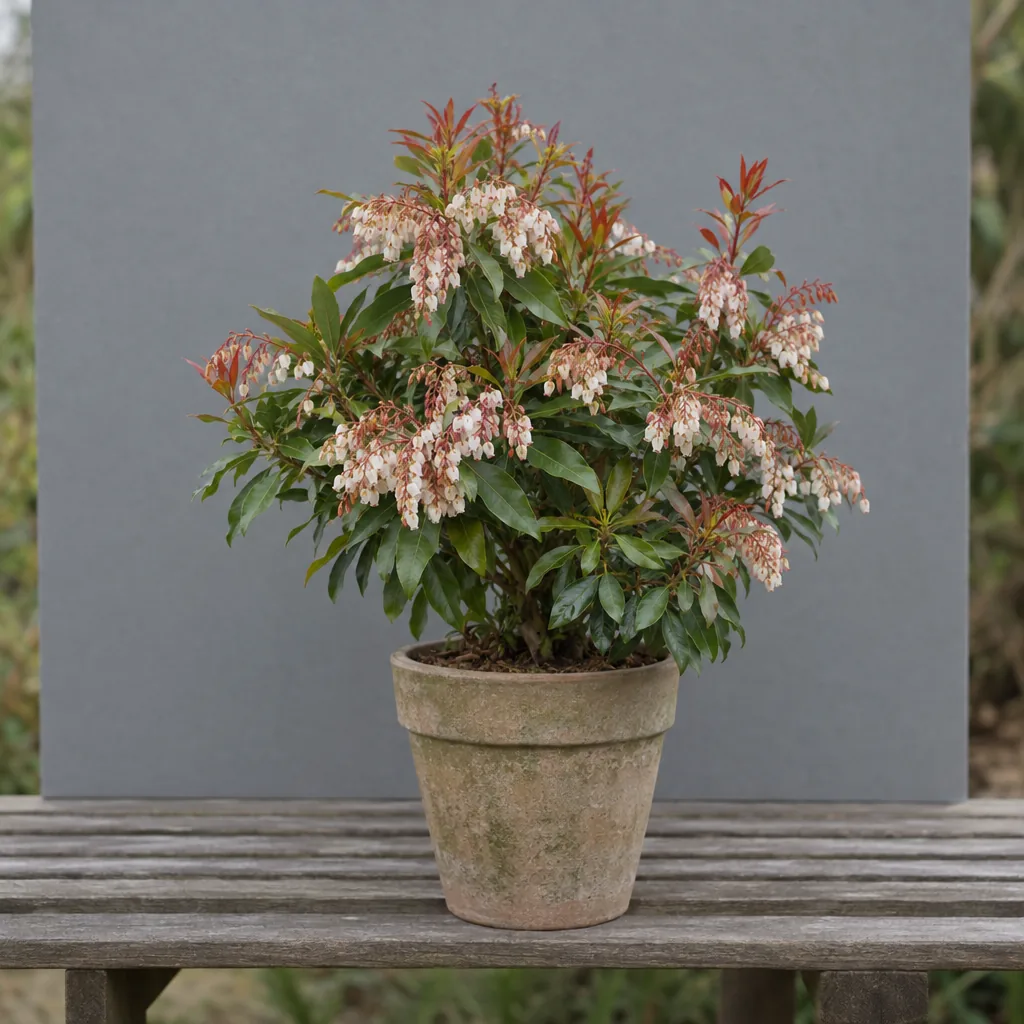 Pieris in vaso su un banco, fotografata davanti a un pannello grigio neutro appoggiato dietro, con luce naturale uniforme