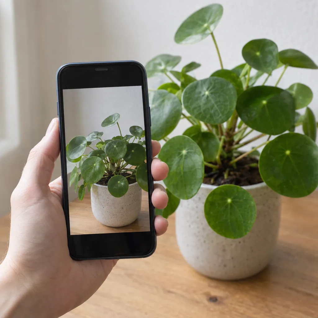 Primo piano di una mano che tiene un telefono con la foto di una pianta accanto alla pianta vera