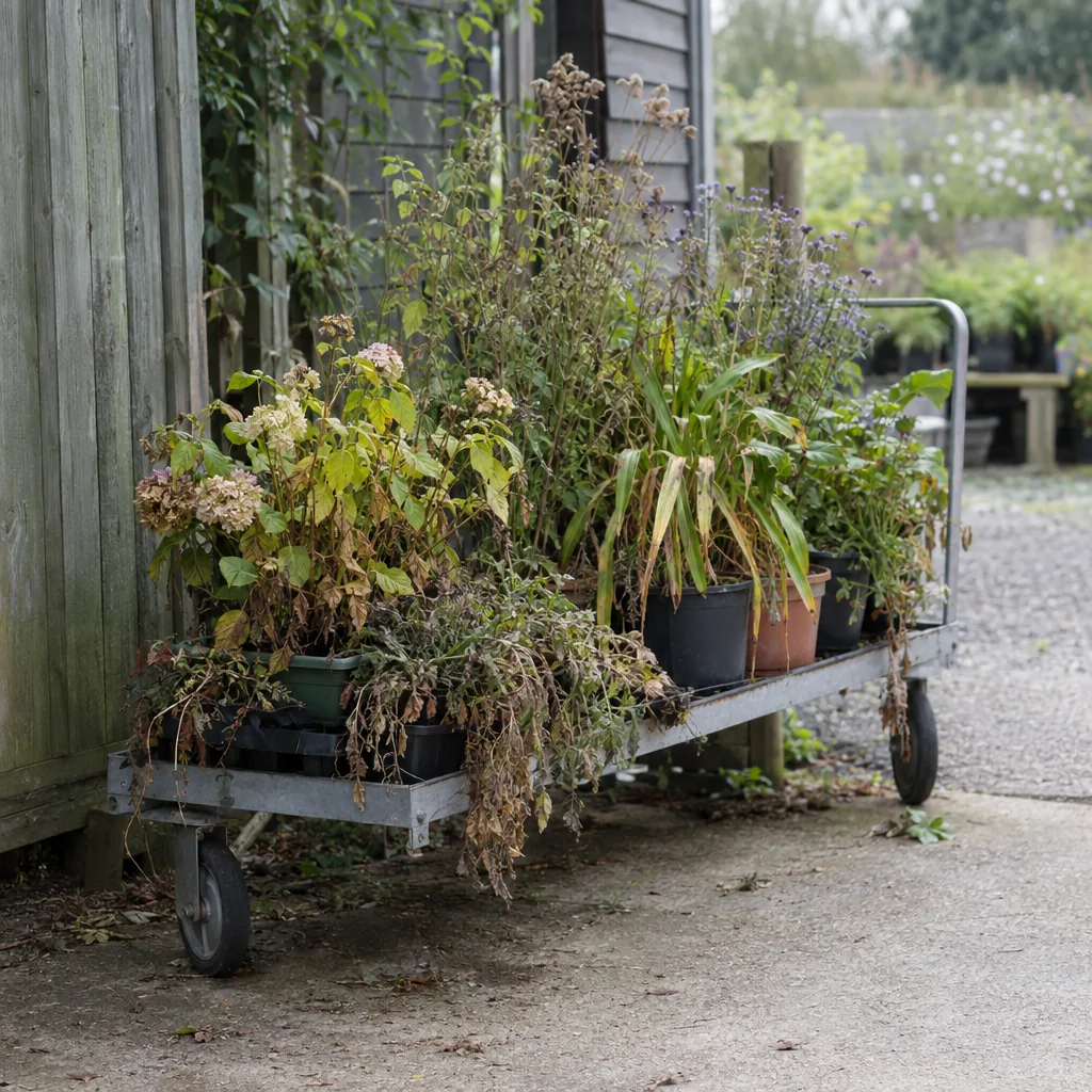 Carrello delle occasioni con piante stanche in un angolo in fondo a un garden center