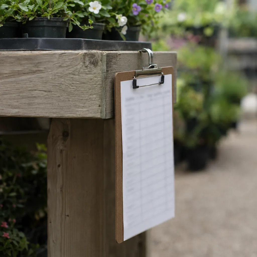 Cartellina con un foglio di conteggio settimanale appesa in fondo a un banco di un garden center