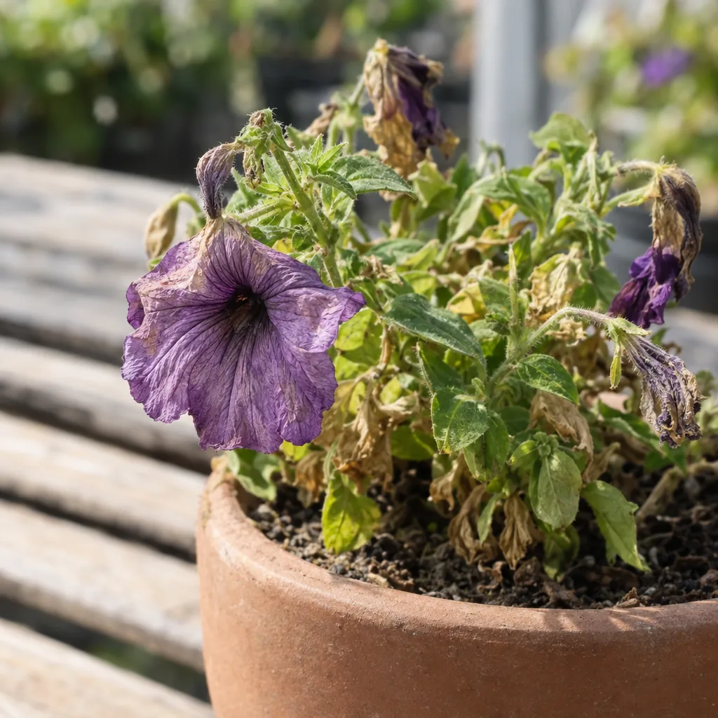 Primo piano di una petunia secca e appassita in vaso su un banco espositivo al sole