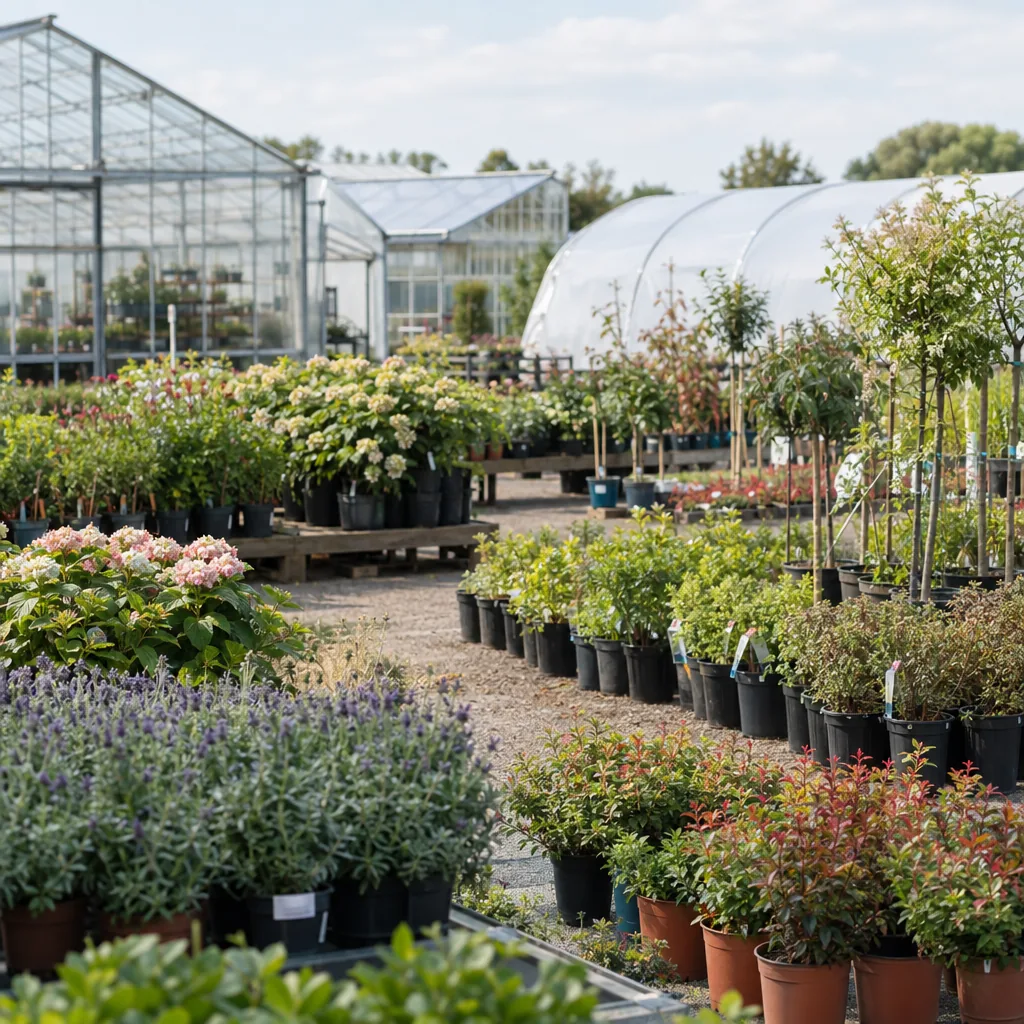 Esposizione di un garden center con arbusti, lavanda e alberi ad alto fusto