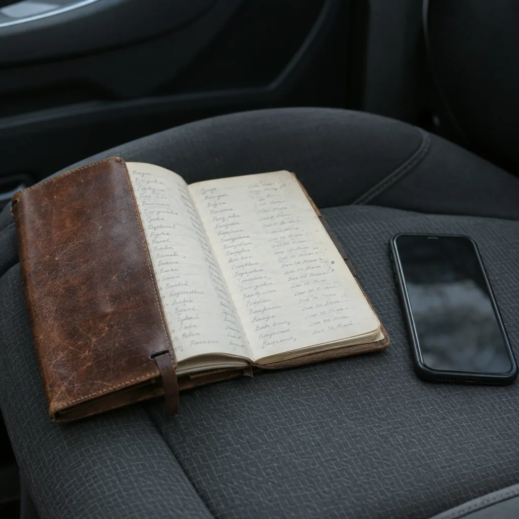 Taccuino di pelle consumato pieno di contatti scritti a mano, appoggiato sul sedile di un'auto accanto a un telefono